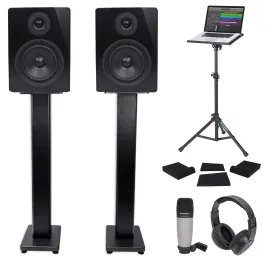 (2) Rockville 5.25" 250w Powered Studio Monitors+Stands+Headphones+Mic+Foam Pads