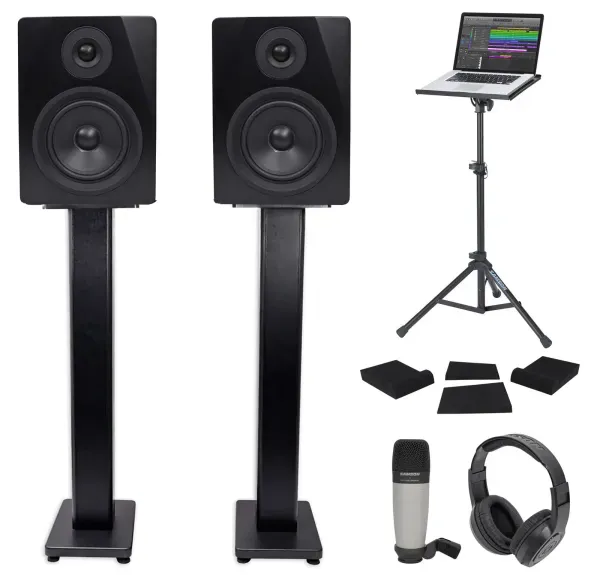 (2) Rockville 5.25" 250w Powered Studio Monitors+Stands+Headphones+Mic+Foam Pads