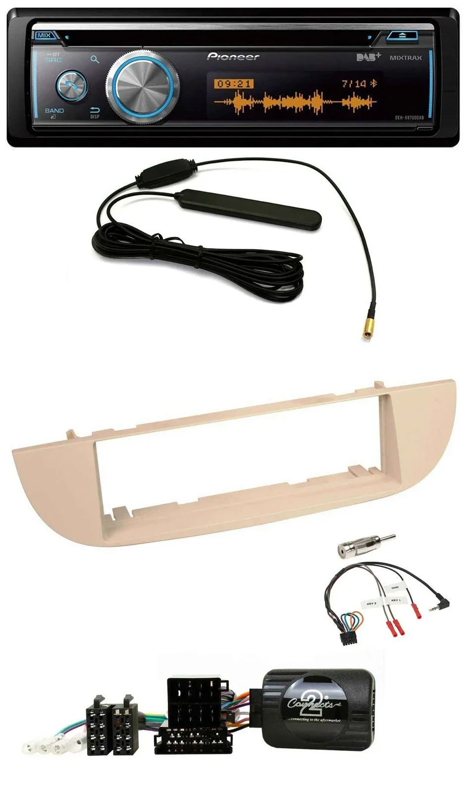 Автомагнитола для Fiat 500 Pioneer CD USB Bluetooth DAB перламутрово-серый с поддержкой управления на руле