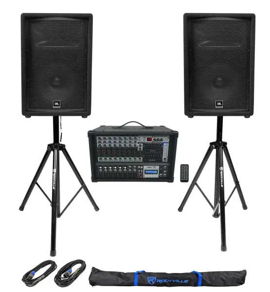 (2) JBL Pro JRX212 12" 2000w PA/DJ Speakers+Powered 12-Channel Mixer+Stands