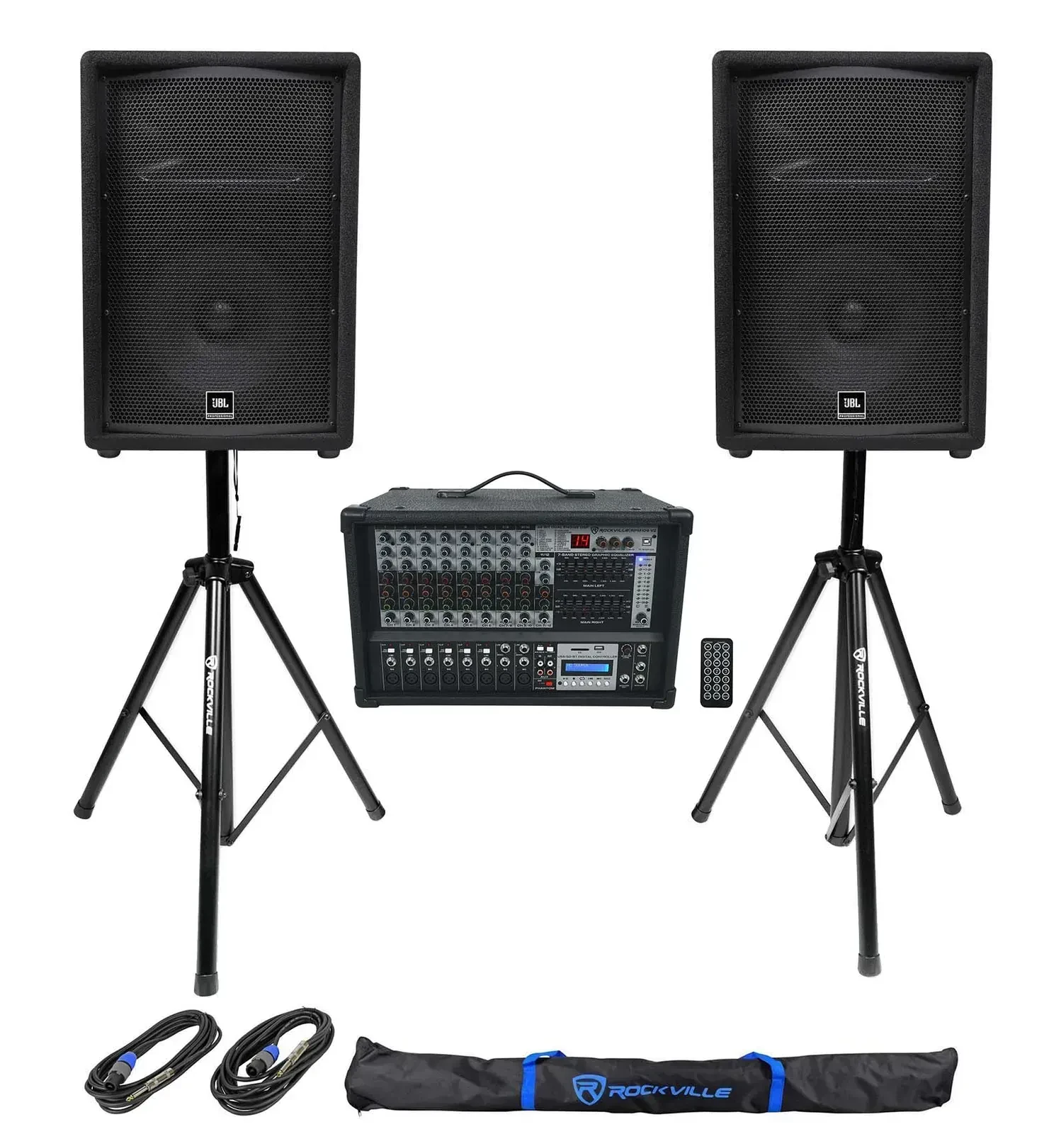 Пассивная акустическая система JBL JRX212 Black с микшер-усилителем и аксессуарами (пара)