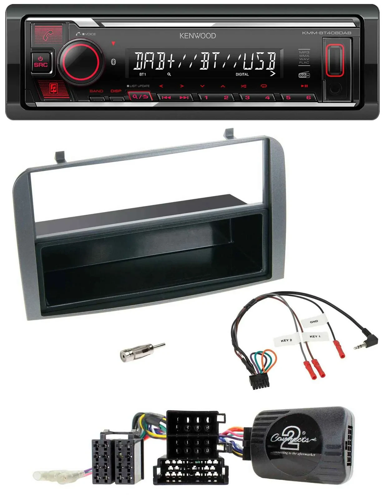 Автомагнитола для Alfa Romeo 147/GT 2007–2010 Kenwood Bluetooth, USB, DAB, антрацит