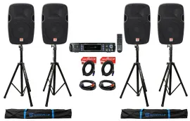 (4) Rockville SPGN128 12” 12000w DJ PA Speakers+Stands+2-Ch. Bluetooth Amplifier