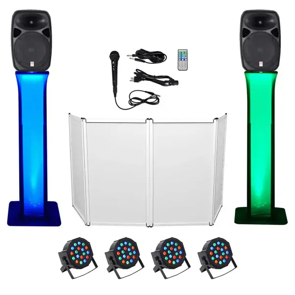 DJ Package w/ Dual 15" Bluetooth Speakers+Mic+Tripod+Totem Stands+Facade+Lights