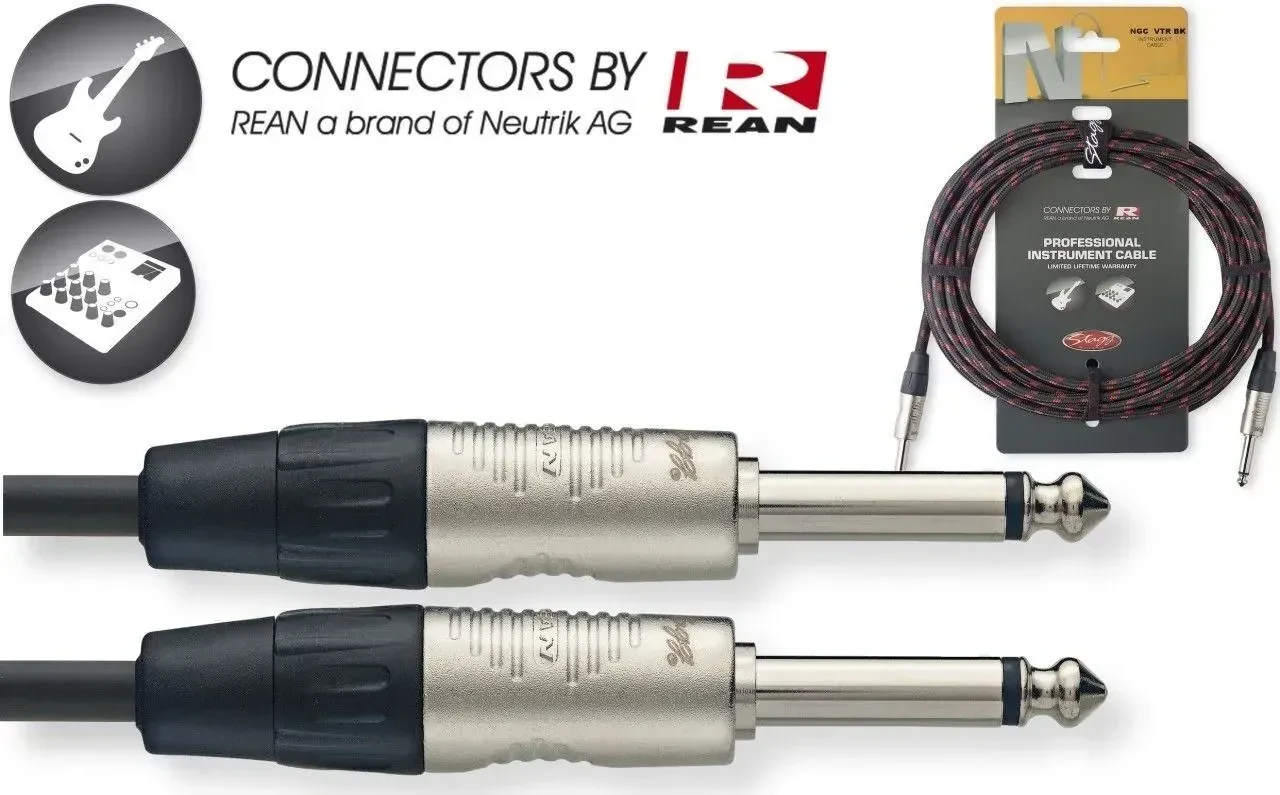 Инструментальный кабель для гитары Stagg NGC7,6VTR BK 7.6 м, jack 6.3 (M)–jack 6.3 (M), коннекторы Neutrik, твидовая оплетка, черный