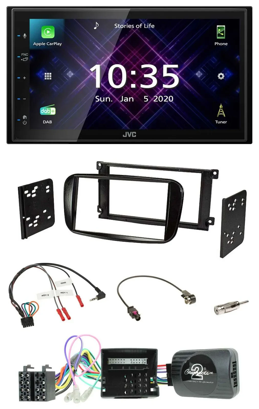 Автомагнитола JVC 2DIN, DAB, Bluetooth, USB, для Ford Mondeo/S-Max, черный глянцевый, с поддержкой управления на руле