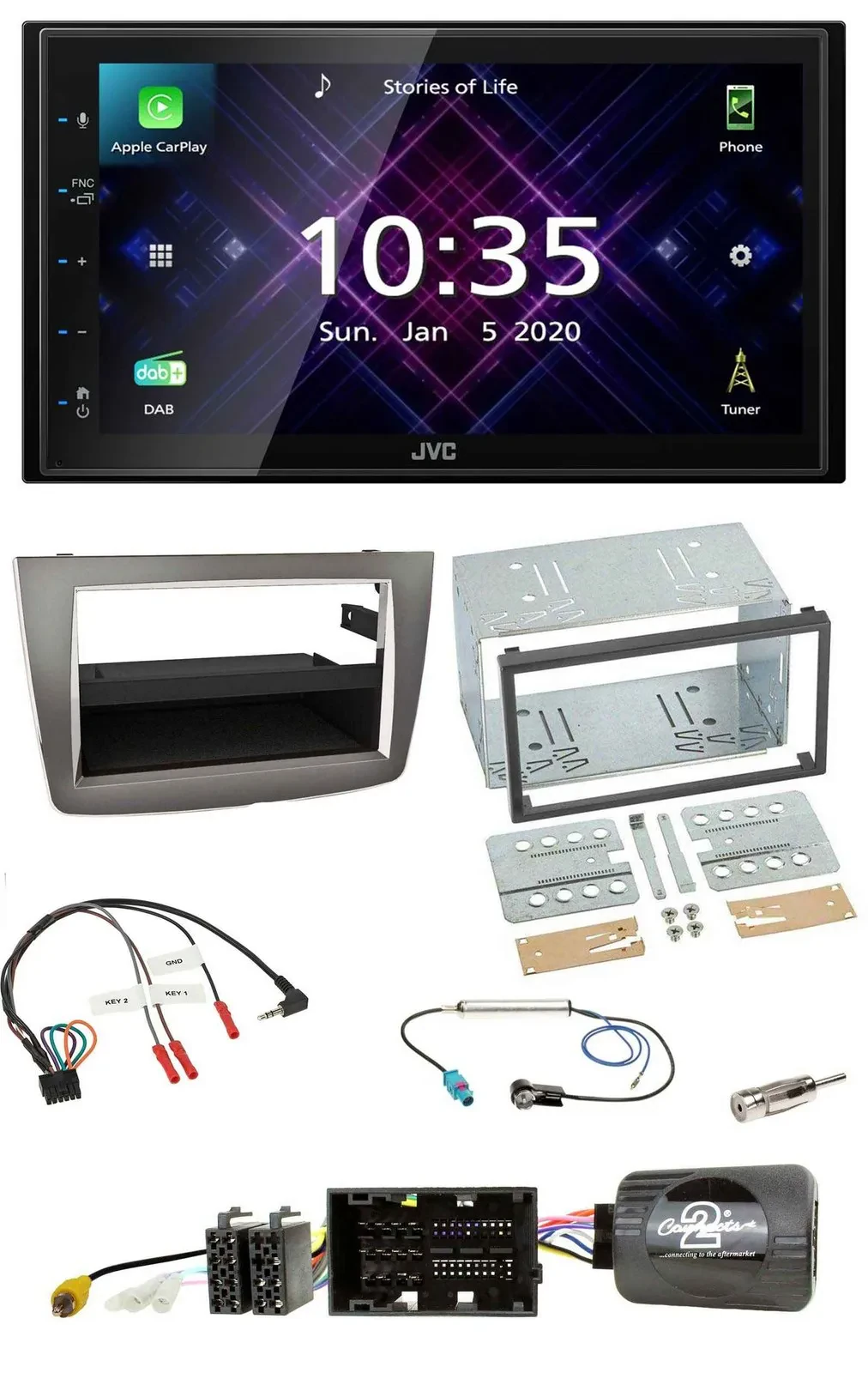 Автомагнитола для Alfa Romeo Mito 2014–2018 JVC 2DIN, DAB, Bluetooth, USB, поддержка управления на руле, серебристая