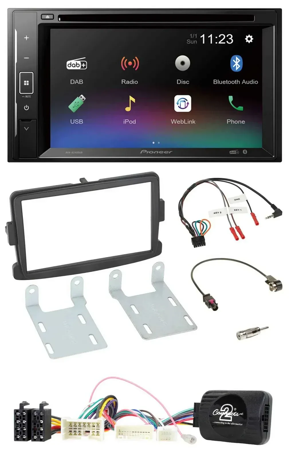 Автомагнитола Pioneer 2-DIN, Bluetooth, DAB, DVD, USB, управление с руля, для Dacia (с 2012), черная