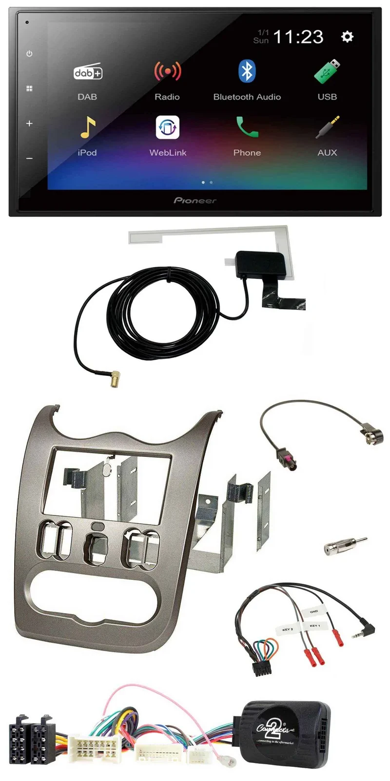 Автомагнитола для Dacia (с 2012) Pioneer 2DIN, DAB, Bluetooth, USB, темно-серебристая