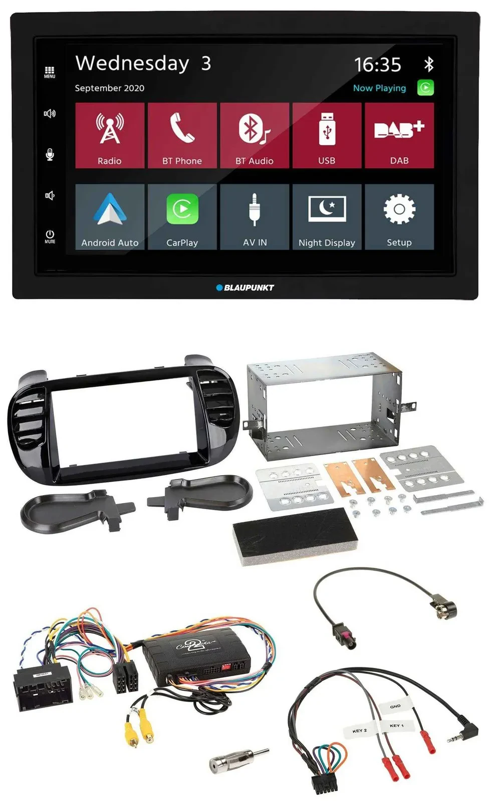 Blaupunkt 2DIN Lenkrad USB Bluetooth DAB Autoradio für Fiat 500 2014-2015 schwar