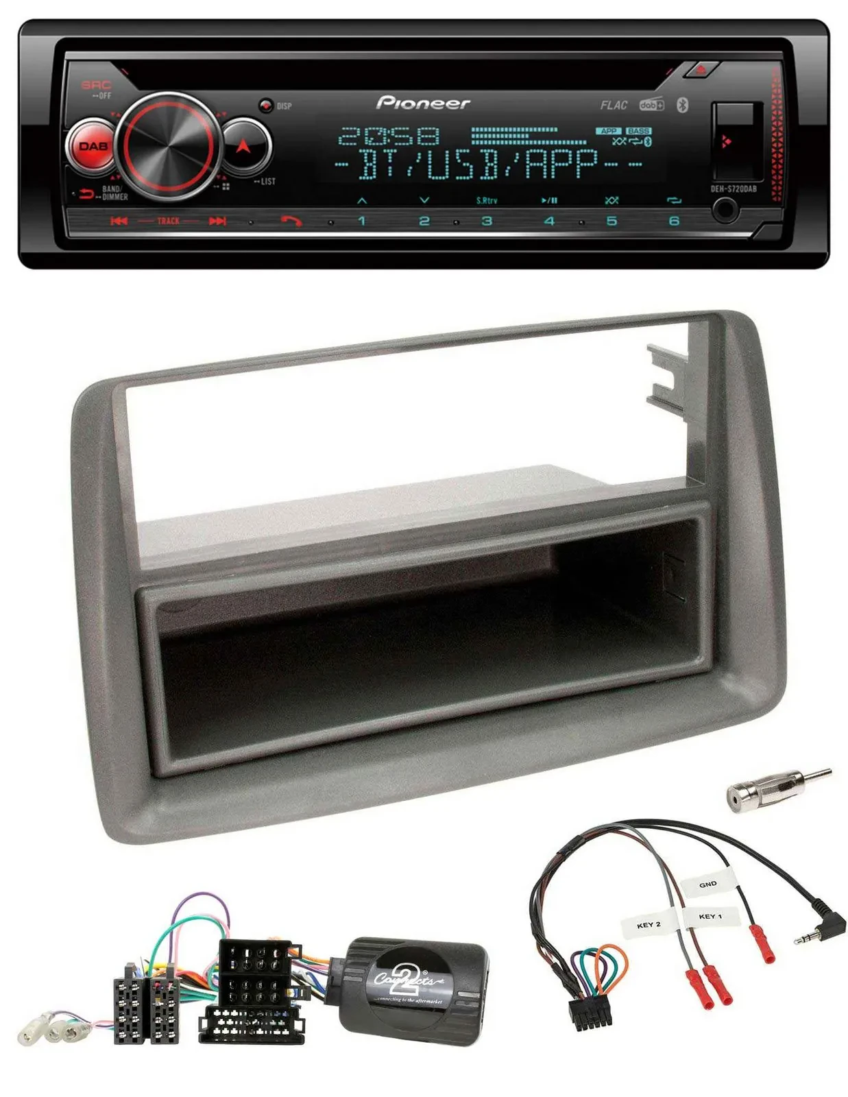 Pioneer Lenkrad DAB CD Bluetooth USB Autoradio für Fiat Panda 169 2007-2012 grau