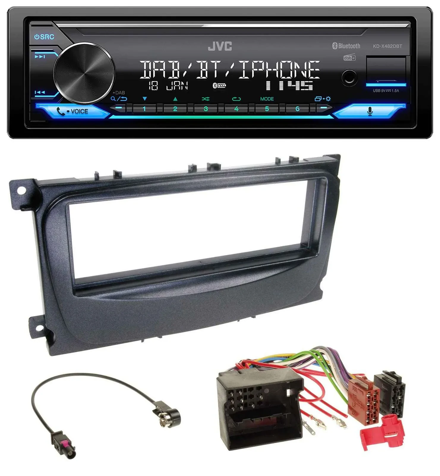 Автомагнитола JVC Bluetooth, DAB, USB, MP3 для Ford Focus / C-Max / Galaxy (с 2007), черный