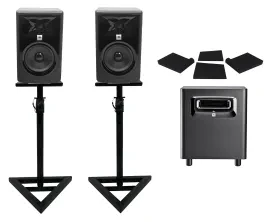 (2) JBL 308P MkII 8" Powered Studio Monitors+Stands+Pads+Powered Subwoofer Sub