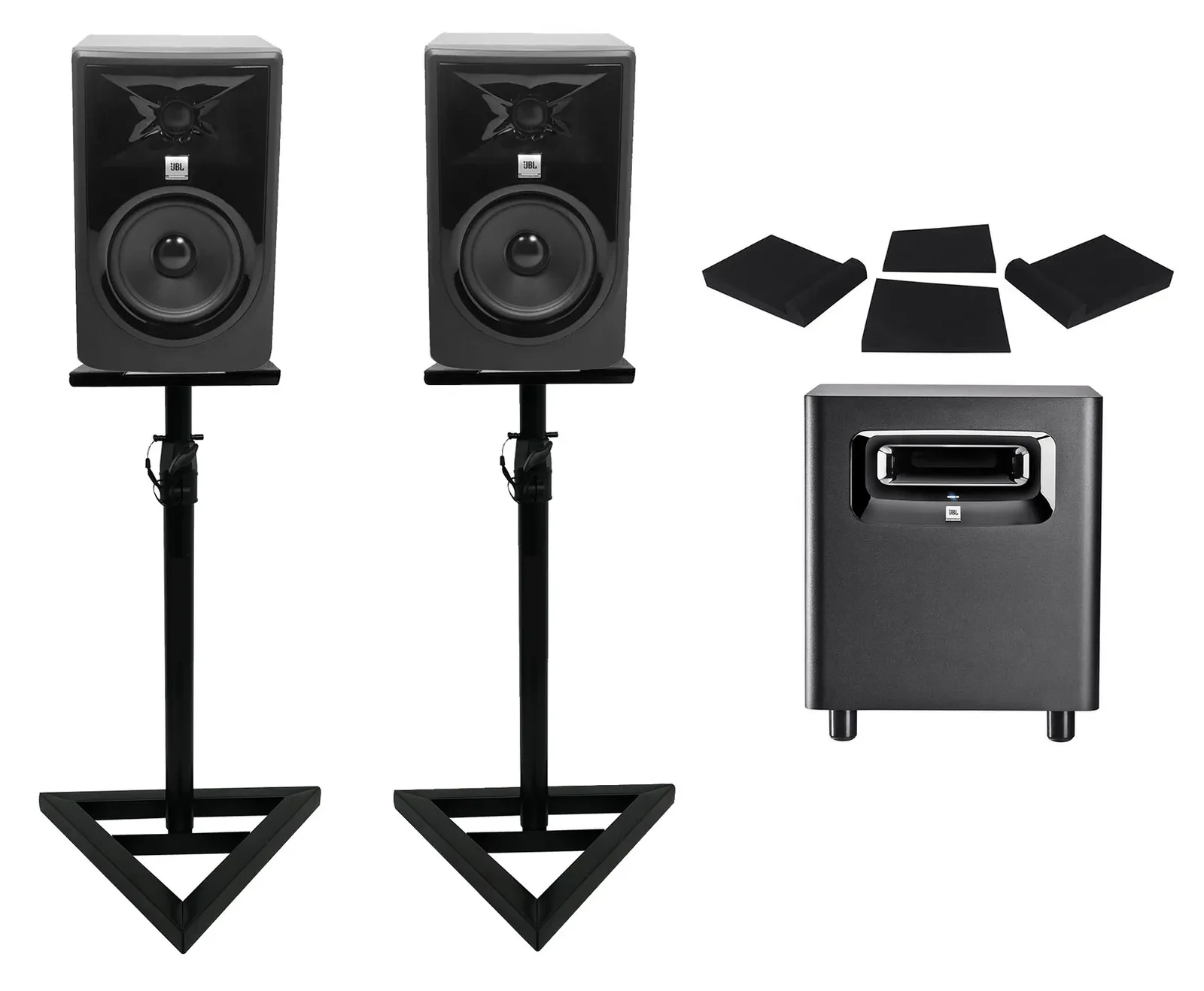 (2) JBL 308P MkII 8" Powered Studio Monitors+Stands+Pads+Powered Subwoofer Sub