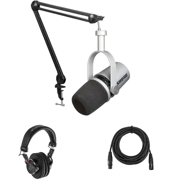 Shure MV7 Dual XLR/USB Podcast Microphone, Silver with Headphone, Arm  Cable