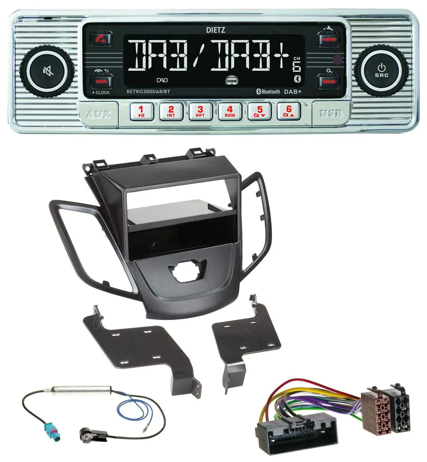 Автомагнитола Dietz DAB, Bluetooth, USB, MP3 для Ford Fiesta 2010–2017 (JA8), без дисплея, черный
