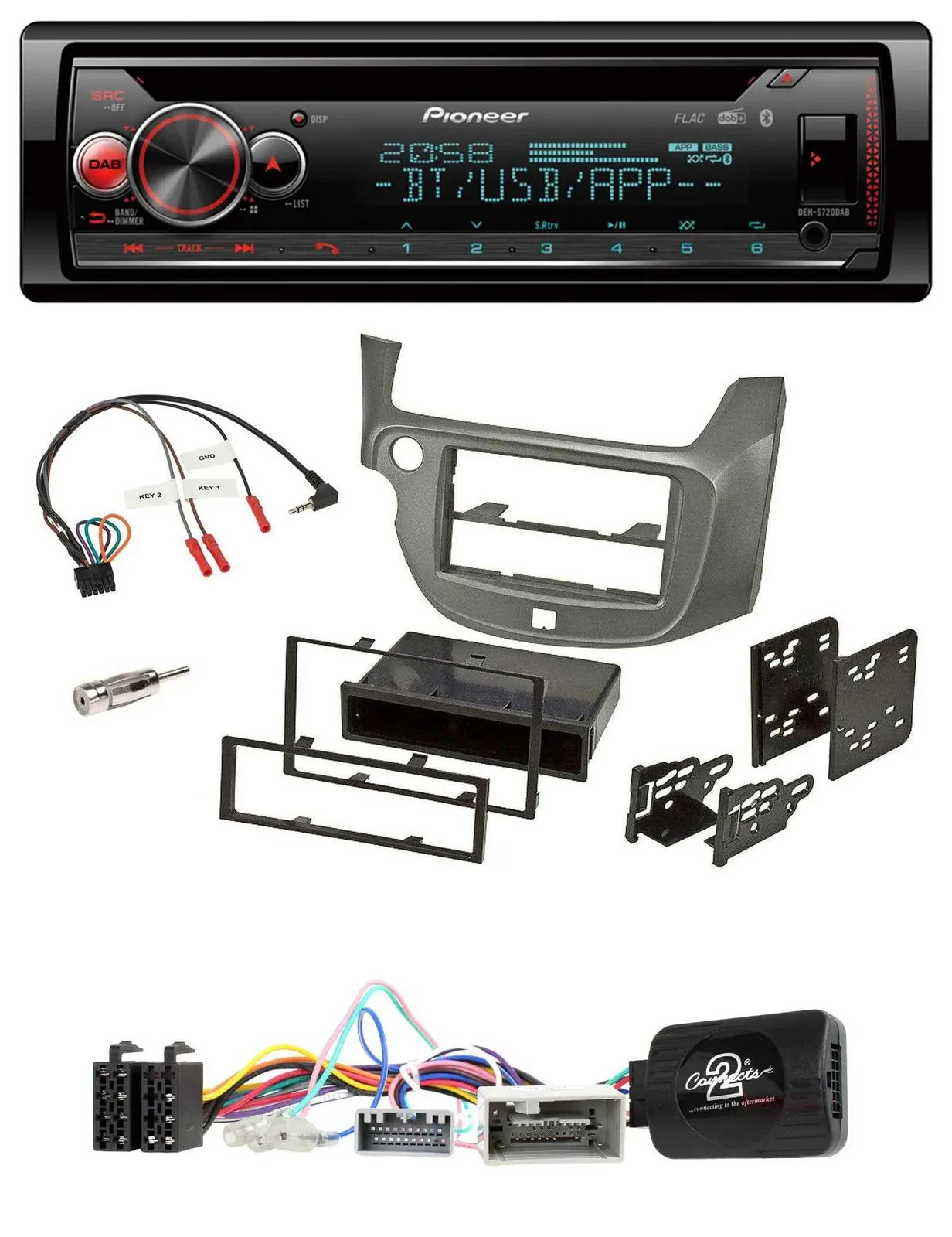 Автомагнитола Pioneer DAB, CD, Bluetooth, USB для Honda Jazz (с 2014), серебристая, с поддержкой кнопок на руле