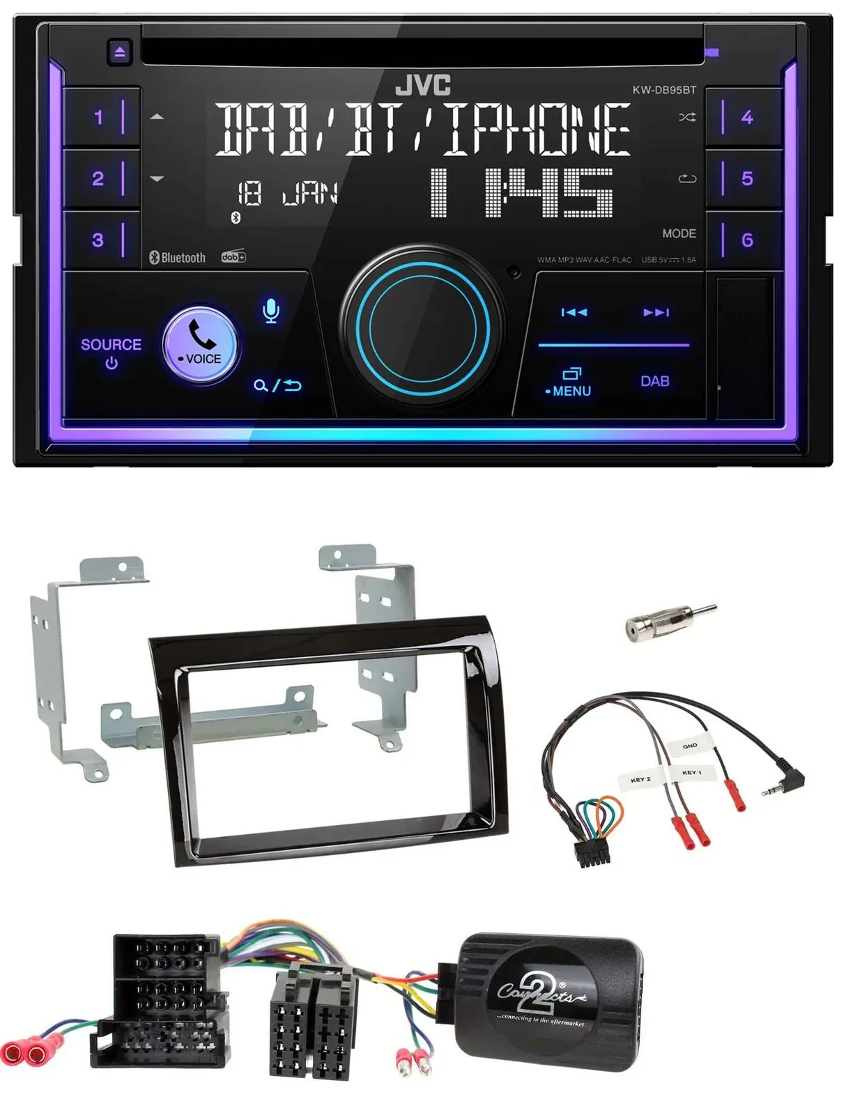 Автомагнитола JVC 2DIN DAB Bluetooth CD USB для Fiat, Peugeot, Citroën с поддержкой кнопок на руле