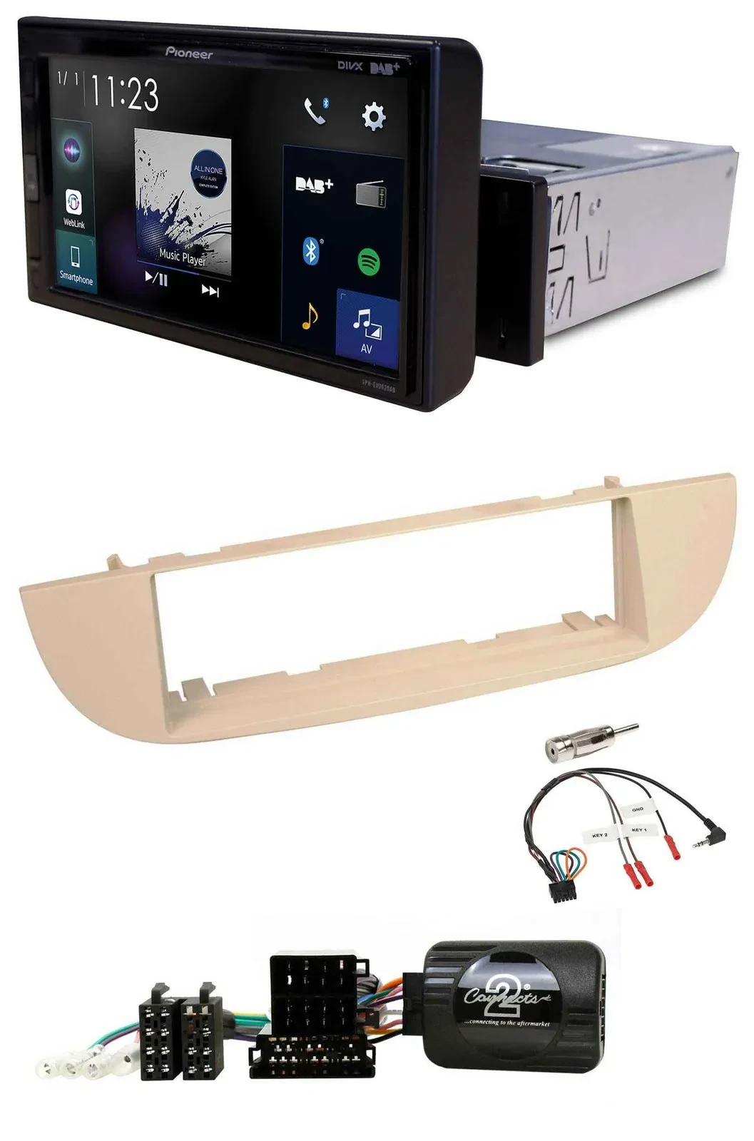 Автомагнитола для Fiat 500 (с 2007) Pioneer DAB, Bluetooth, USB, перламутрово-серый/бежевый