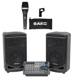 Samson Expedition XP800 Portable 8" PA DJ Speaker System+Powered Mixer+AKG Mic