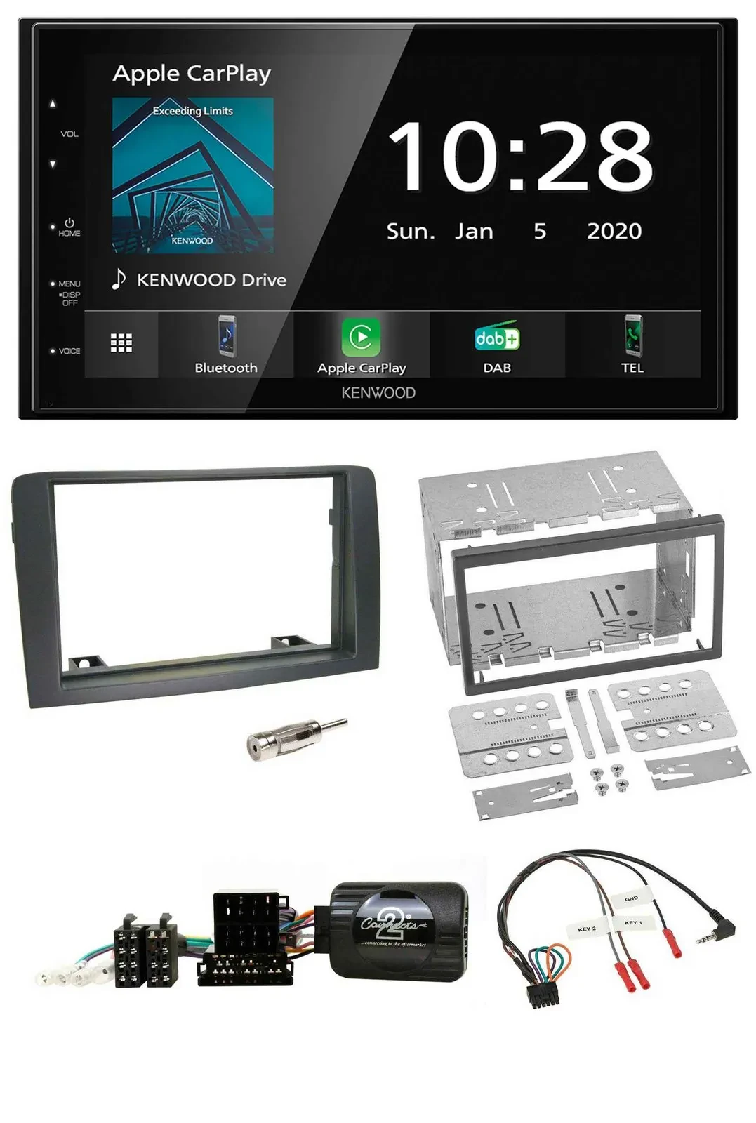 Автомагнитола Kenwood 2DIN, Bluetooth, DAB, USB, поддержка кнопок на руле, для Fiat Idea 2006–2012, серый