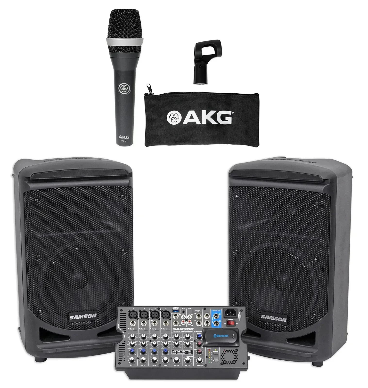Samson Expedition XP800 Portable 8" PA DJ Speaker System+Powered Mixer+AKG Mic