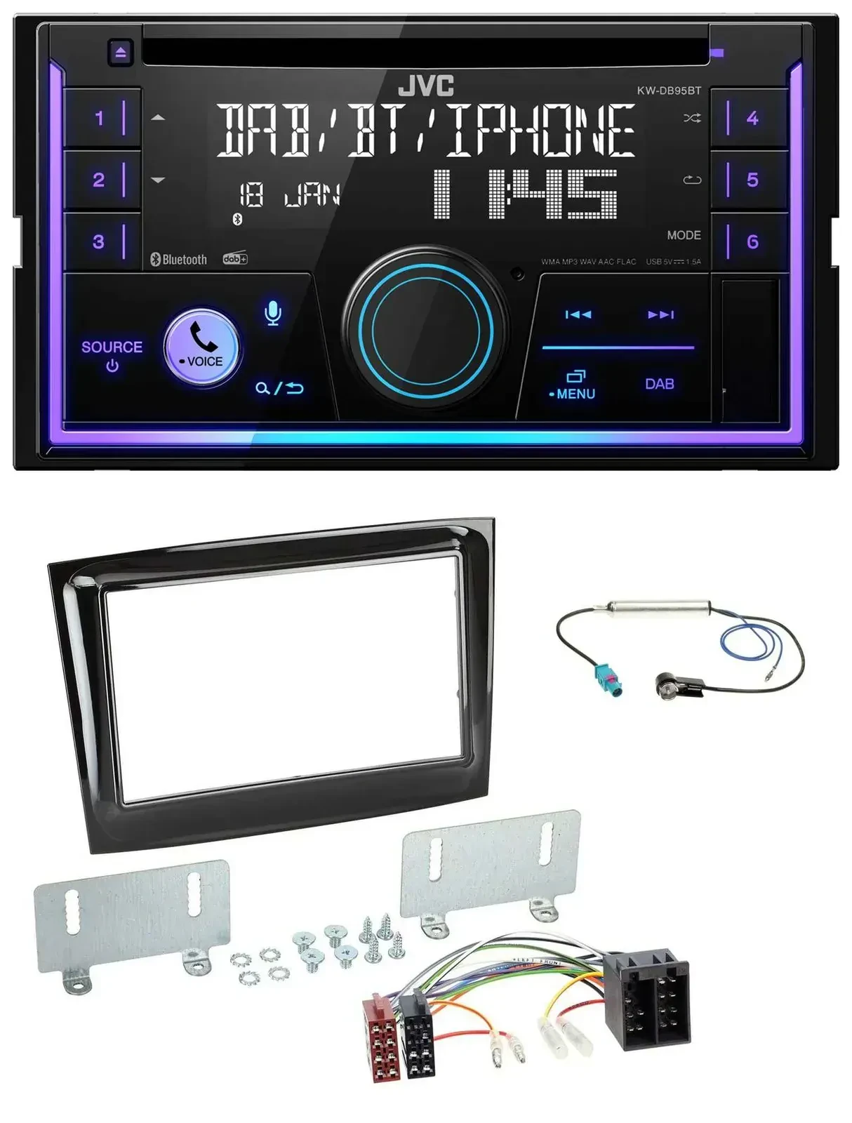 Автомагнитола JVC 2-DIN DAB Bluetooth CD MP3 USB для Fiat Doblo (с 2015), цвет черный глянец