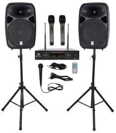 Rockville RPG152K 15" Powered Speakers w/Bluetooth+Dual UHF Wireless Mics+Stands