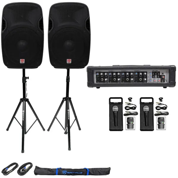 (2) Rockville SPGN158 15" Passive 3200w DJ PA Speakers+Powered Mixer+Mics+Stands