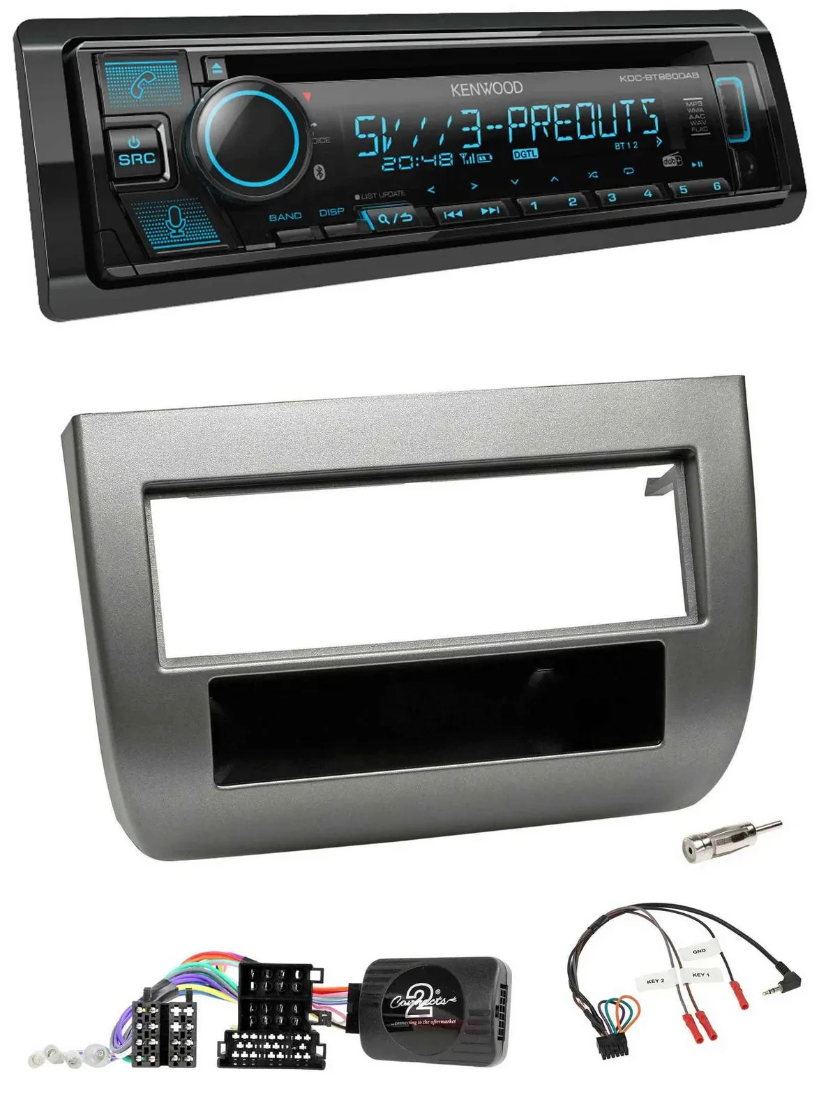 Автомагнитола Kenwood Bluetooth, USB, CD, DAB для Lancia Y (843, 2005–2011), поддержка кнопок на руле, тёмно‑серебристый