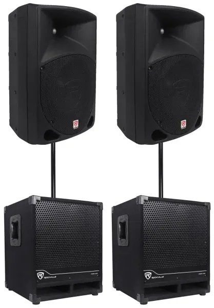 2) Rockville RPG10 10" Powered 600W DJ PA Speakers+2) Subwoofers+Mounting Poles