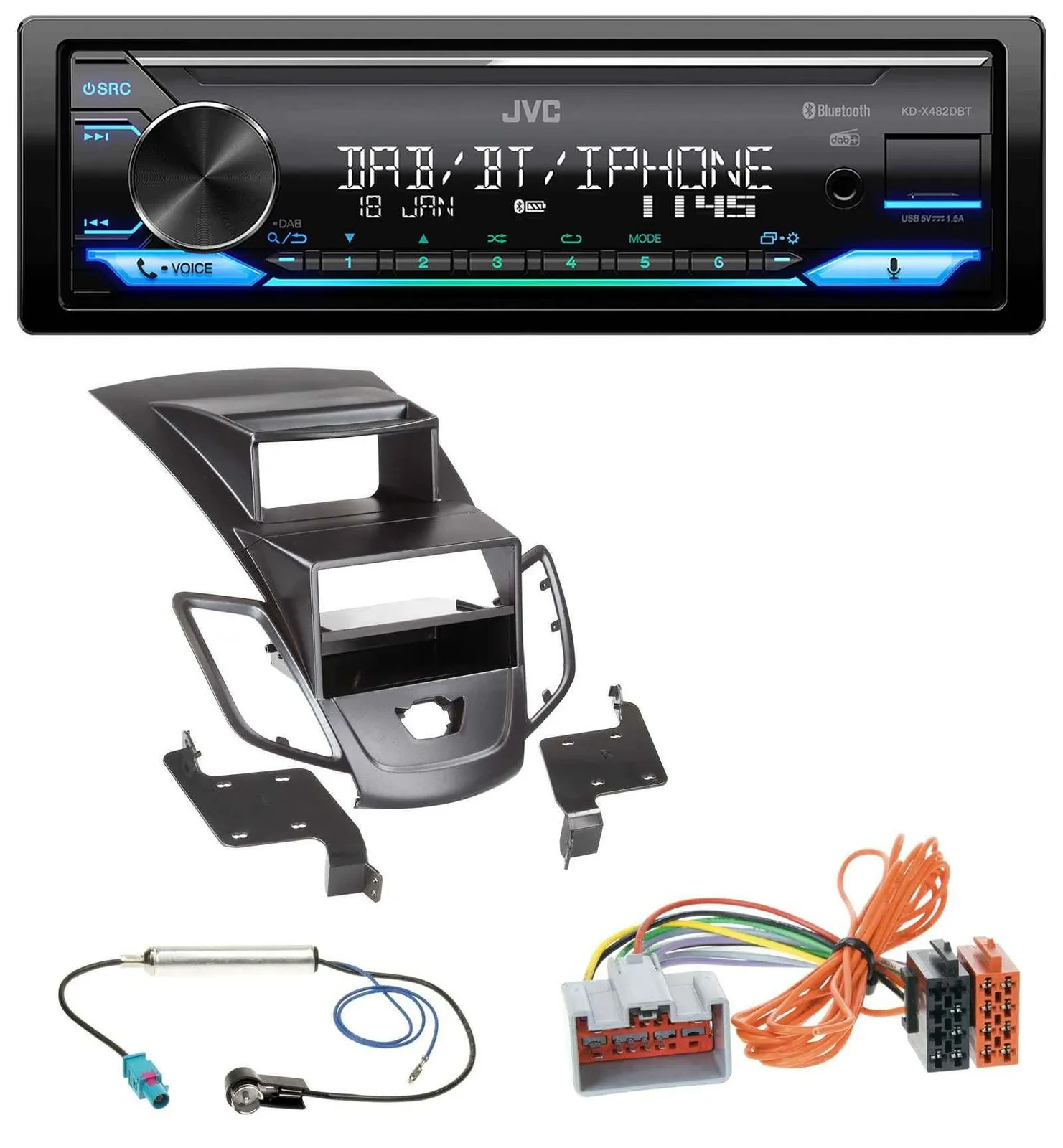 JVC Bluetooth DAB USB MP3 Autoradio für Ford Fiesta 08-10 Display schwarz