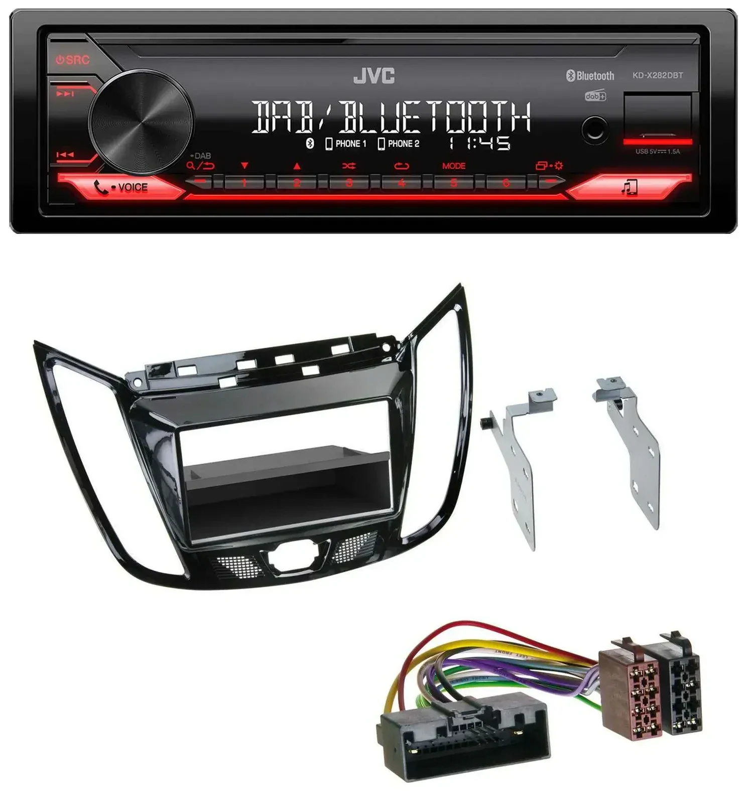 Автомагнитола JVC Bluetooth USB DAB MP3 для Ford C‑Max/Kuga, цвет черный (piano black)