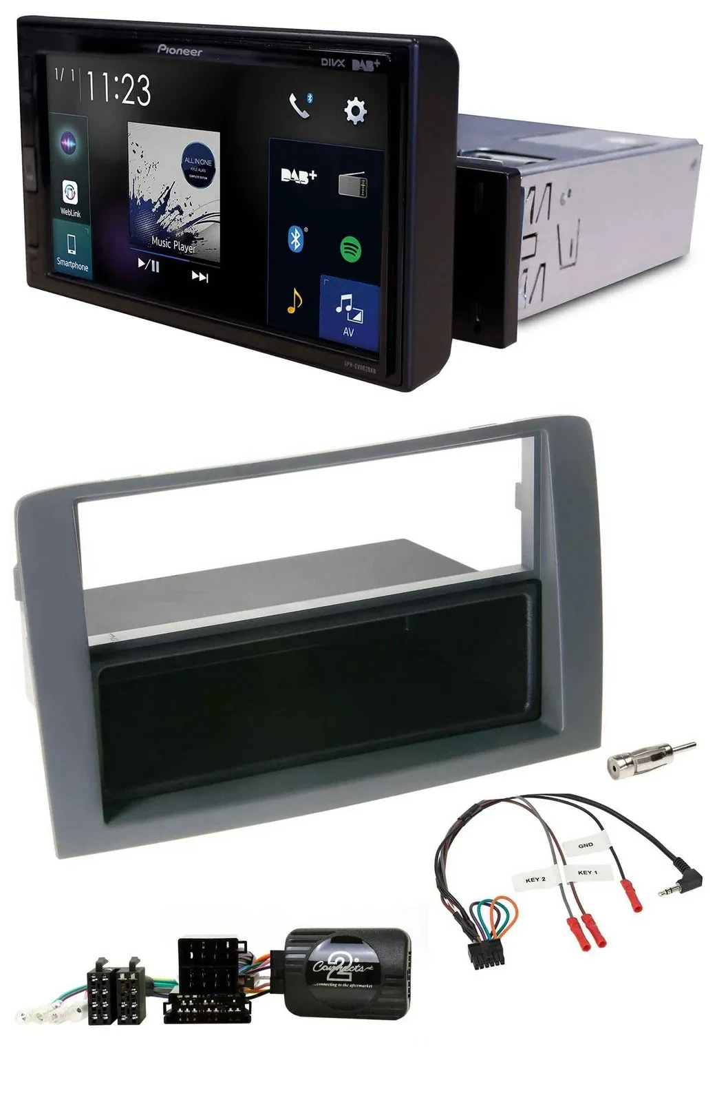 Pioneer DAB Lenkrad Bluetooth USB Autoradio für Fiat Idea 2006-2011 grau