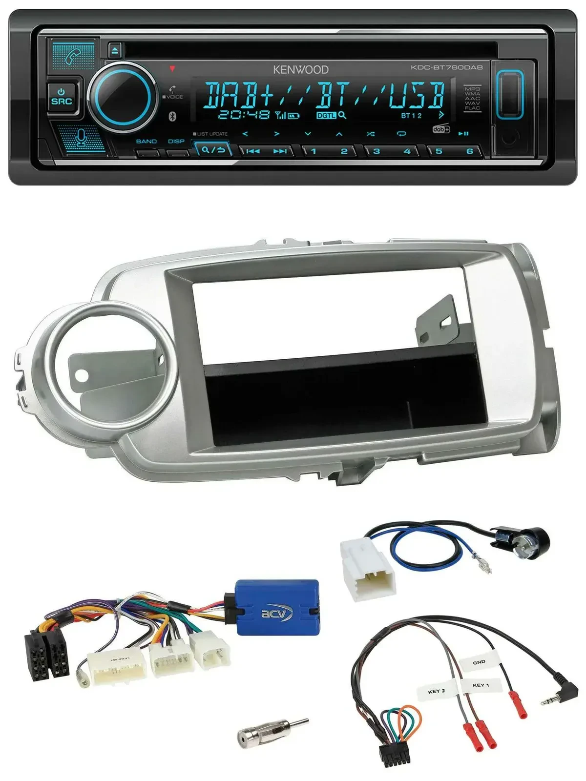 Автомагнитола для Toyota Yaris 2011–2014 Kenwood Bluetooth DAB USB CD серебристая