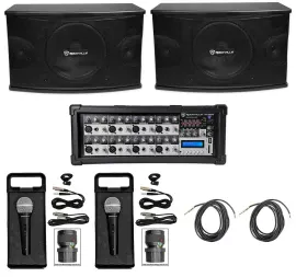 Pair Rockville KPS10 10" 3-Way 1200 Watt Karaoke/Pro Speakers+Amplifier+(2) Mics