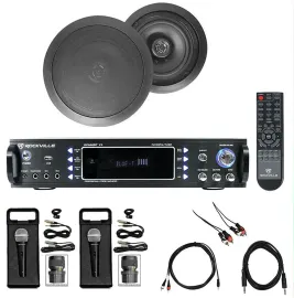 Karaoke Bluetooth Amp/Mixer+(2) 8" Black Ceiling Speakers+(2) Microphones