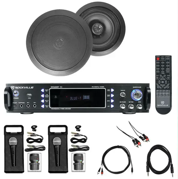 Karaoke Bluetooth Amp/Mixer+(2) 8" Black Ceiling Speakers+(2) Microphones