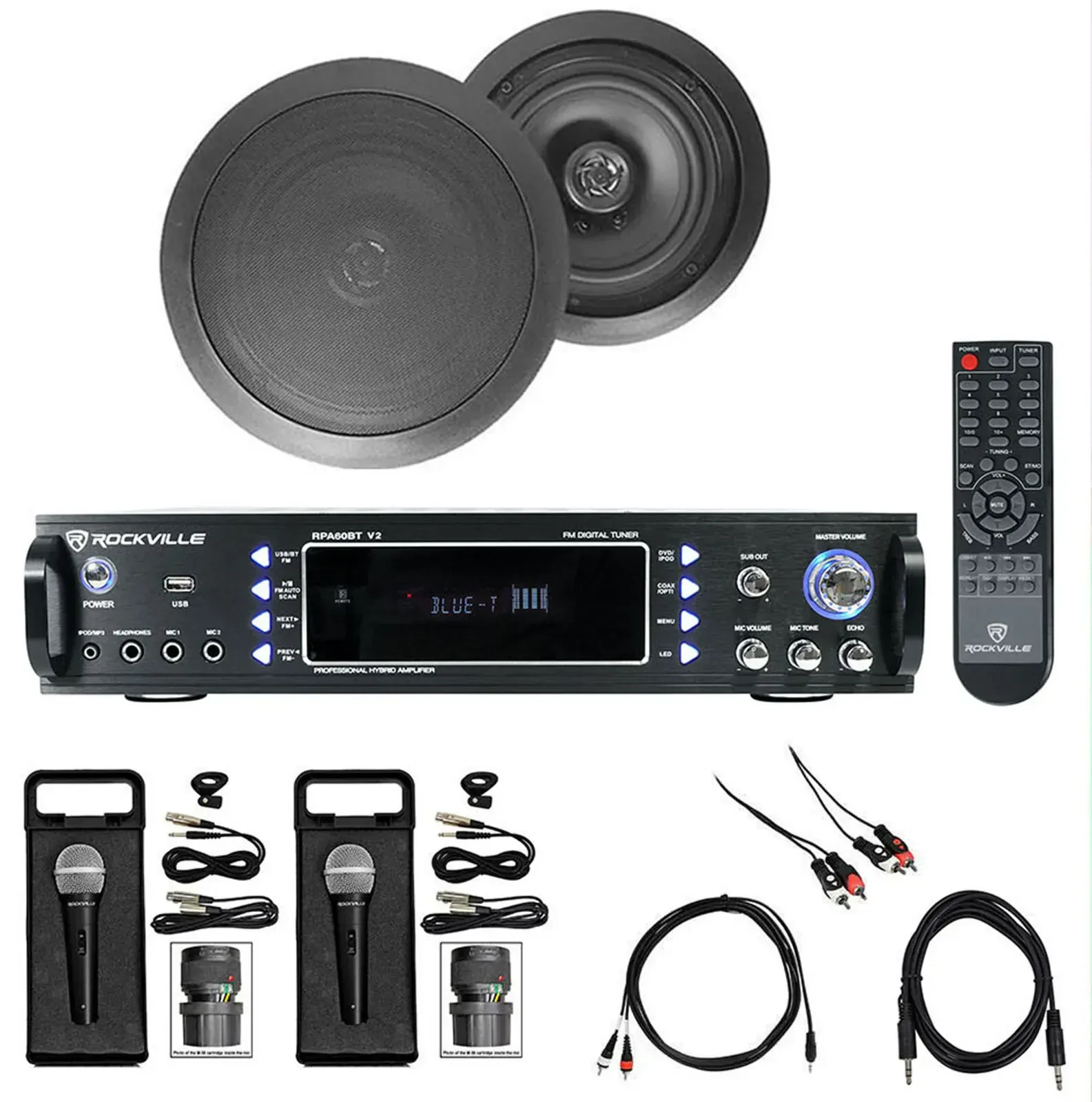 Караоке-система Rockville RPA60BT+HC85 Black KAR Bluetooth, потолочные колонки 8" (пара, черные), 2 микрофона