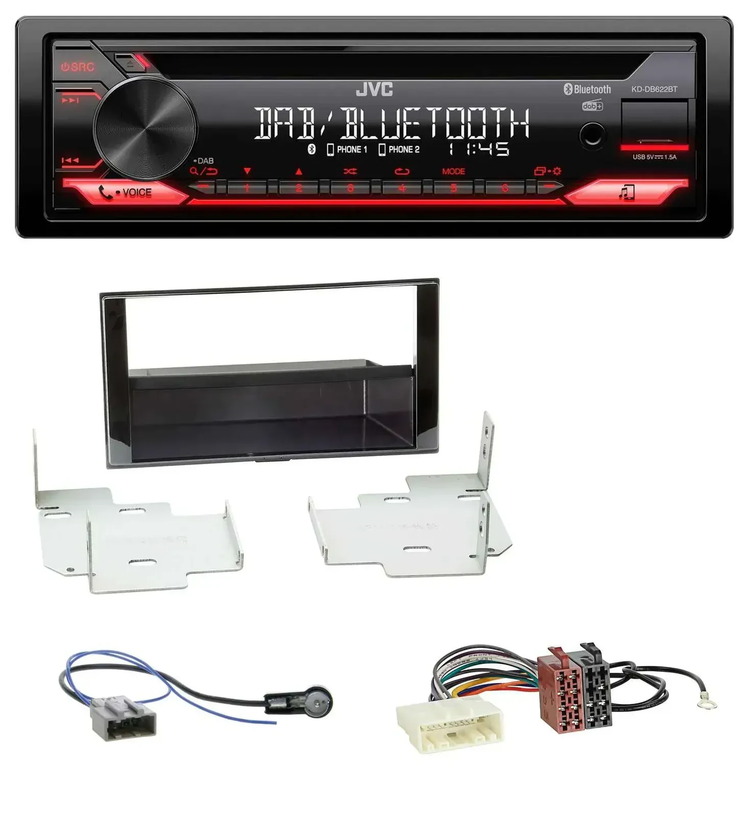 Автомагнитола JVC CD/DAB/USB/Bluetooth/MP3 для Nissan Micra (2013–2017), черный глянец
