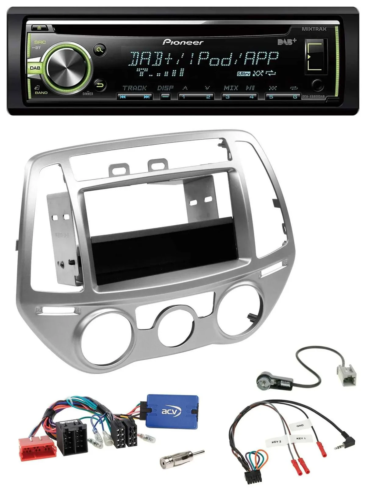 Автомагнитола для Hyundai i20 (2012–2014) Pioneer DAB, USB, MP3, CD, серебристая, с поддержкой кнопок на руле