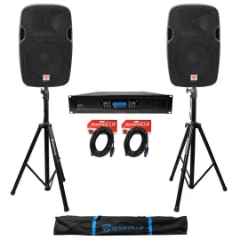 (2) Rockville SPGN128 12" 1200W DJ PA Speakers+Power Amplifier+Stands+Cables