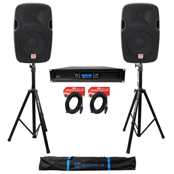 (2) Rockville SPGN128 12" 1200W DJ PA Speakers+Power Amplifier+Stands+Cables