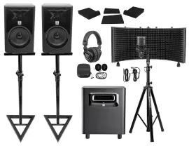 2 JBL 306P MkII 6" Studio Monitors+Stands+Subwoofer+Headphones+Mic+Vocal Shield