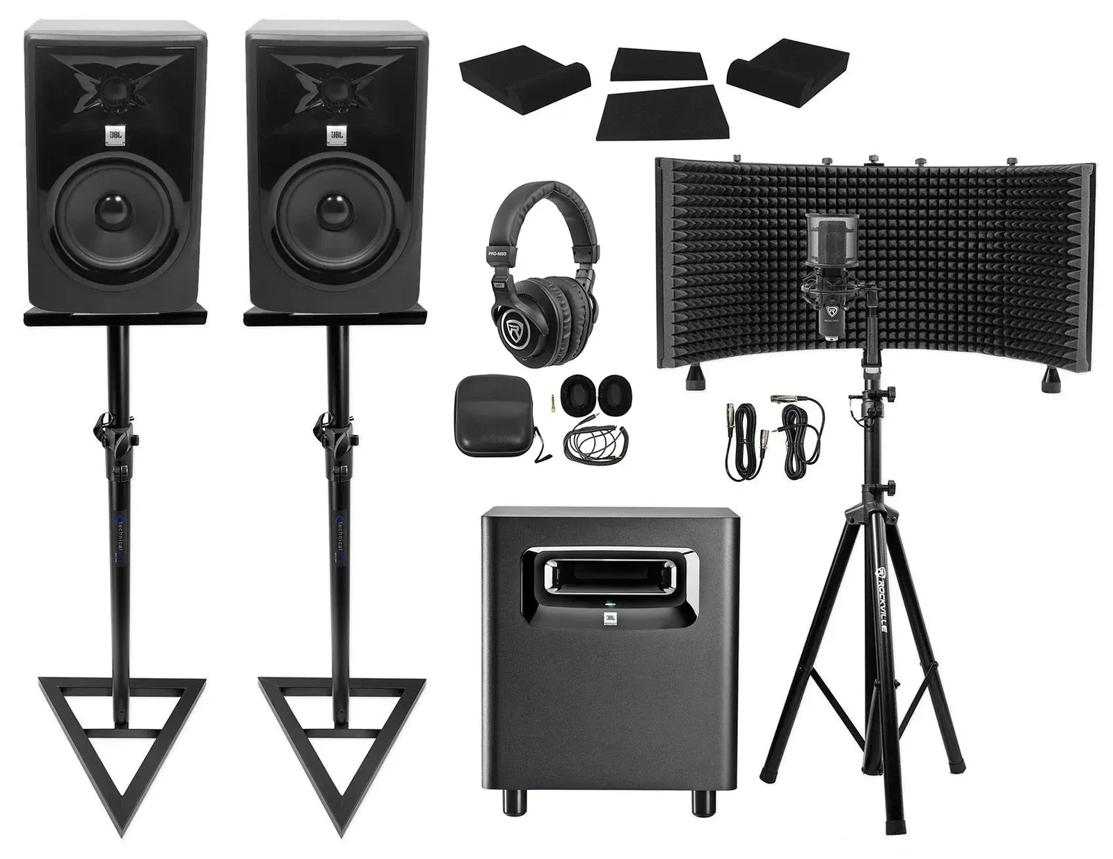 2 JBL 306P MkII 6" Studio Monitors+Stands+Subwoofer+Headphones+Mic+Vocal Shield