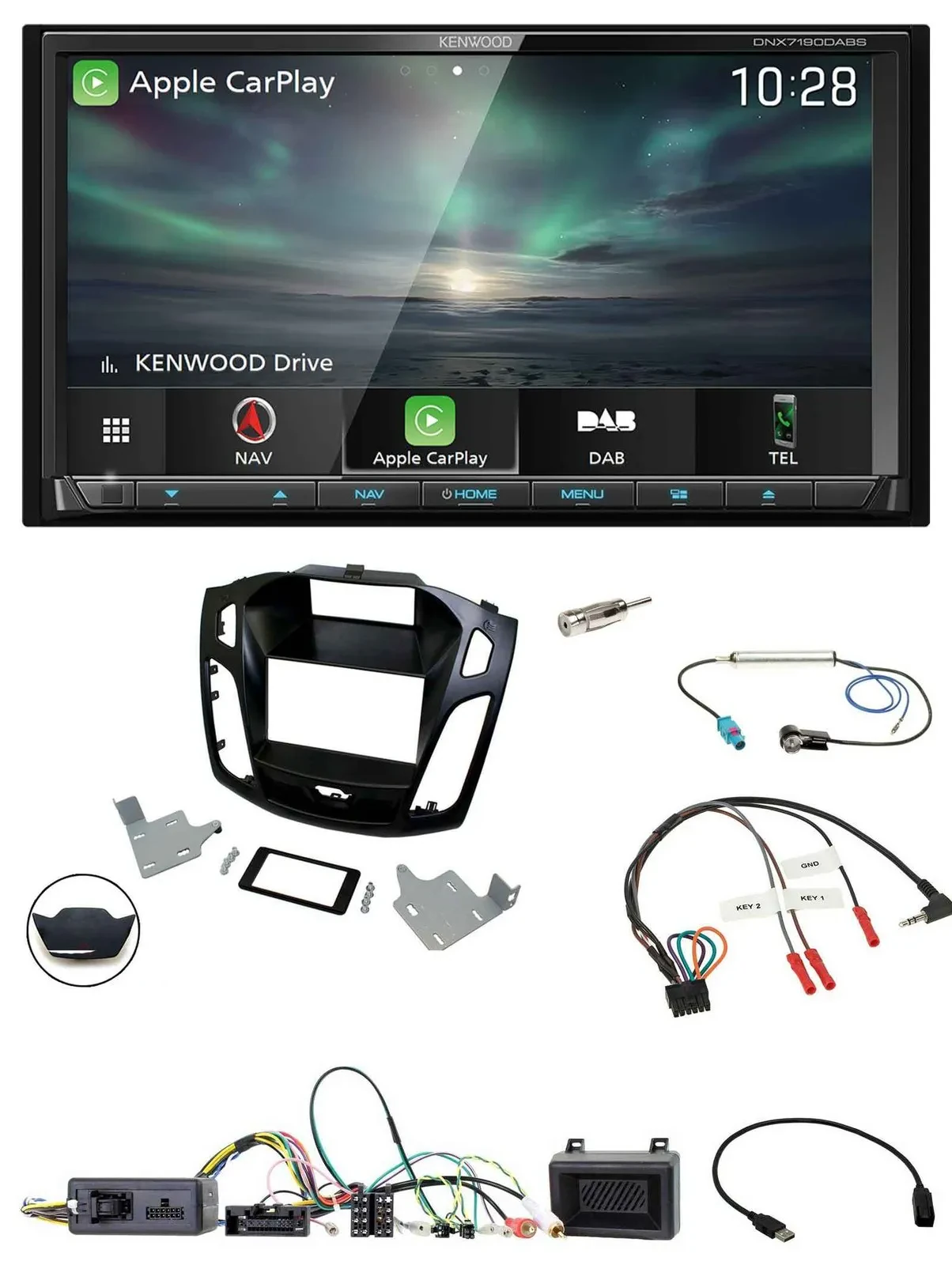 Kenwood Bluetooth USB 2DIN Lenkrad TMC DAB Navigation für Ford Focus 2014-2018