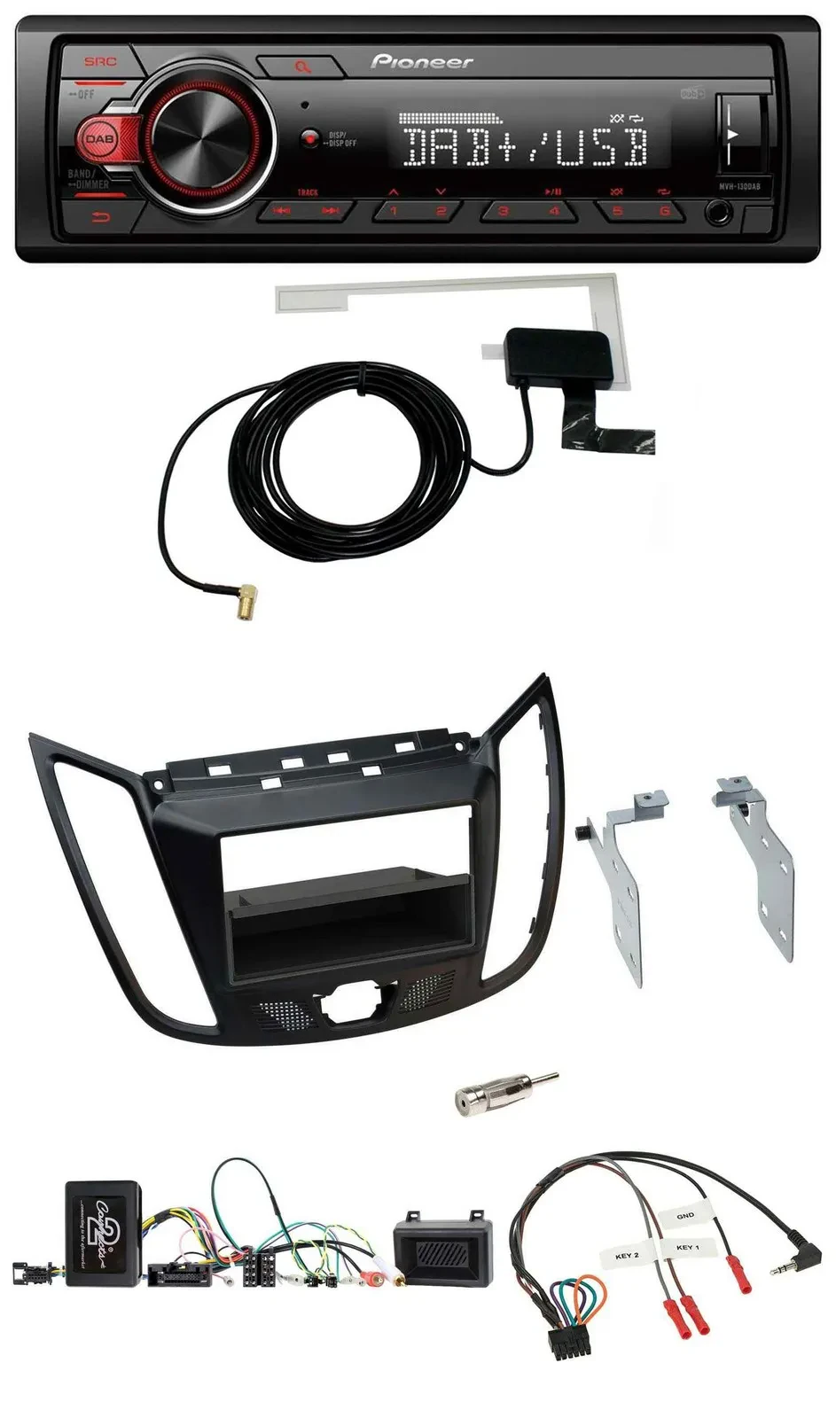 Автомагнитола Pioneer 1-DIN MP3 DAB USB для Ford C‑Max/Kuga, матовый черный, поддержка управления с руля