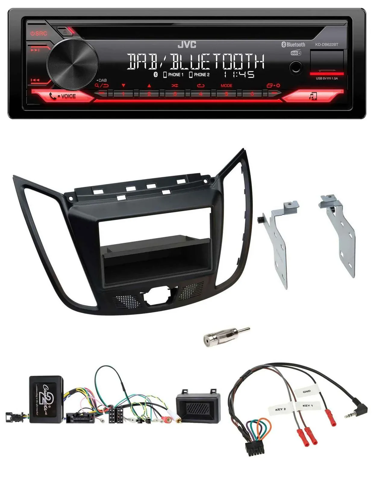 JVC CD DAB USB Bluetooth Lenkrad Autoradio für Ford C-Max Kuga matt schwarz