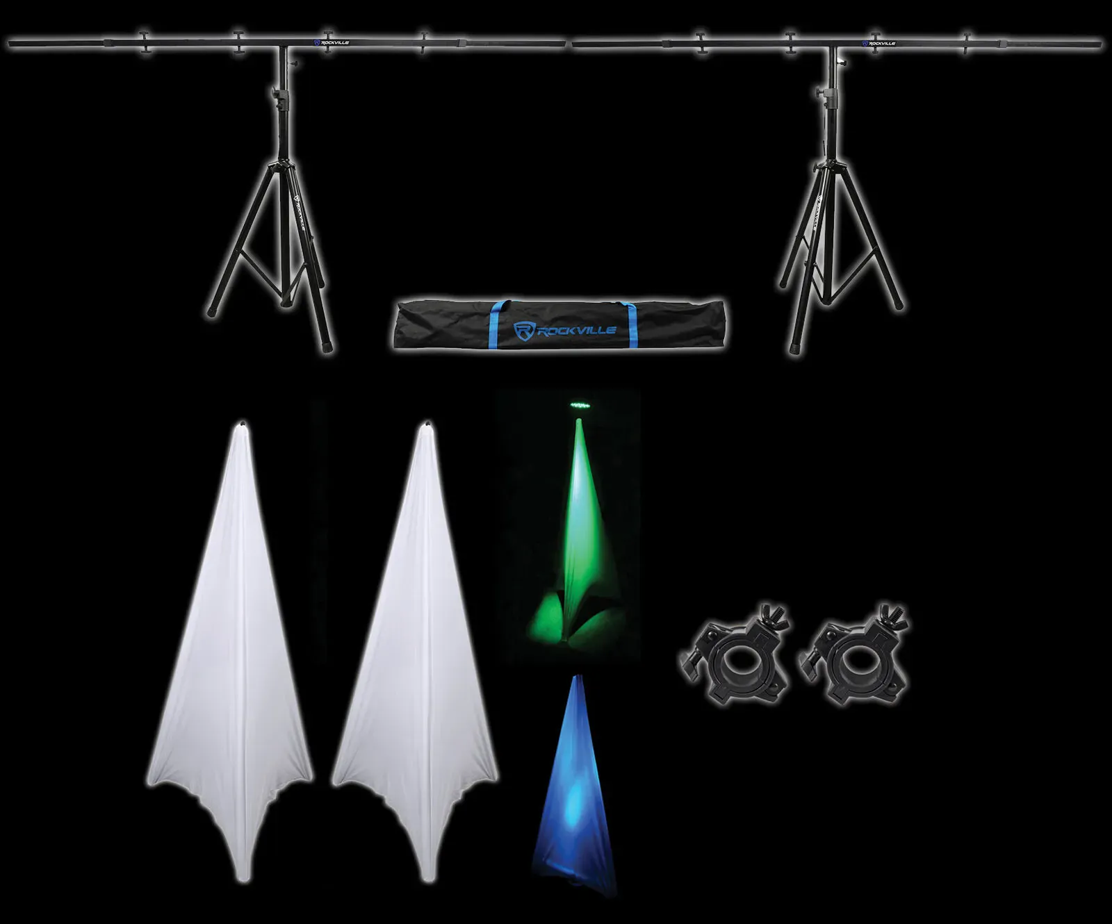 Стойка для акустических систем Rockville RVSS2+RCS52+(2) RSC7W+(2) O-CLAMP/1.5 (набор) со световой перекладиной и белыми scrim cover