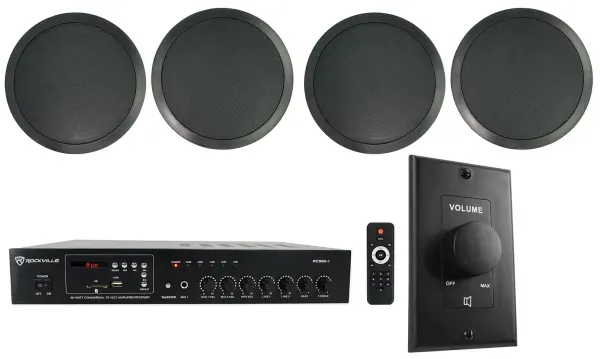 Rockville Commercial Restaurant Amp+(4) 8" Black Ceiling Speakers+Wall Control